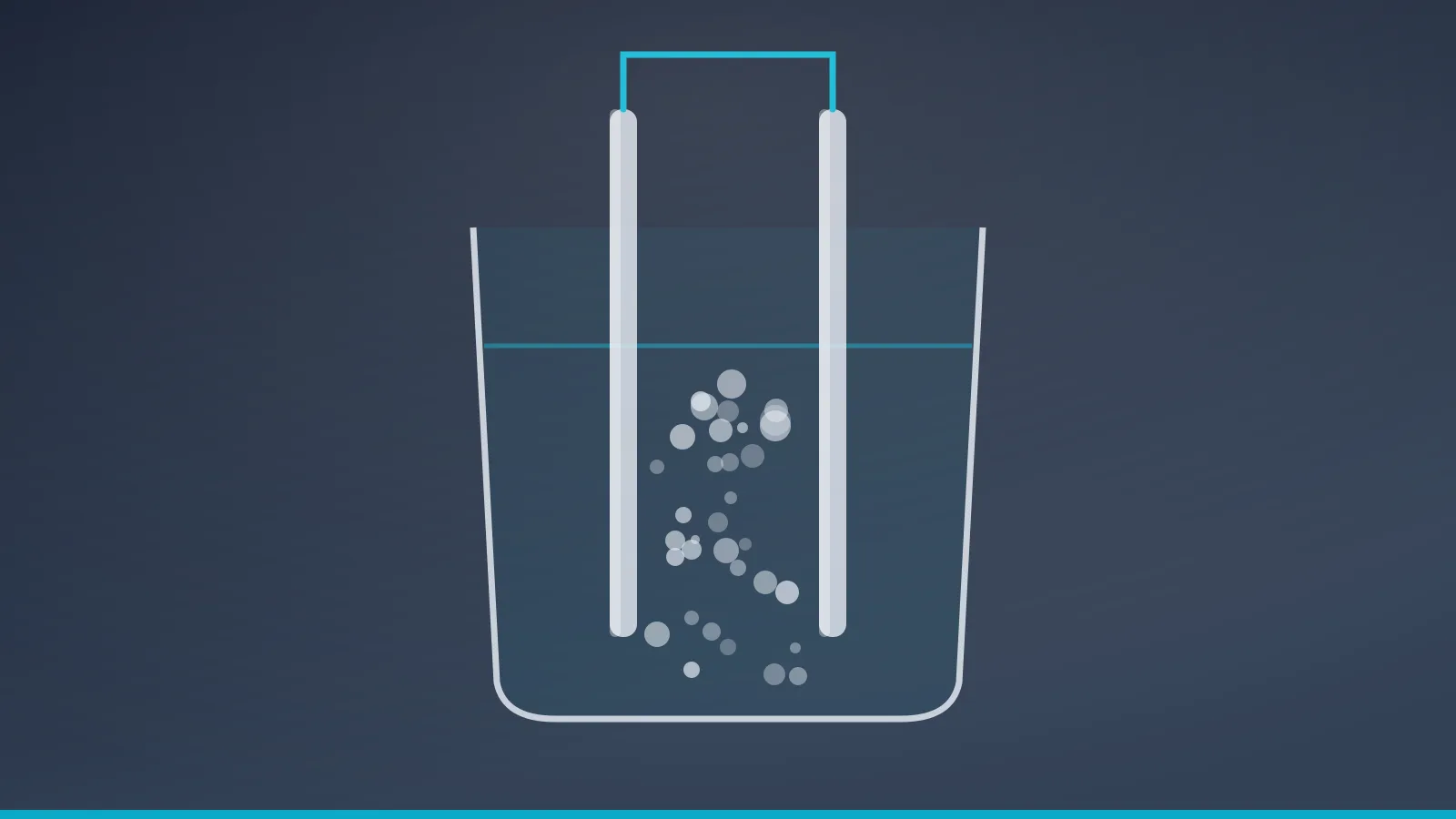 Symbolgrafik: ein Becherglas mit zwei senkrechten Silberelektroden, dazwischen aufsteigende feine Partikel